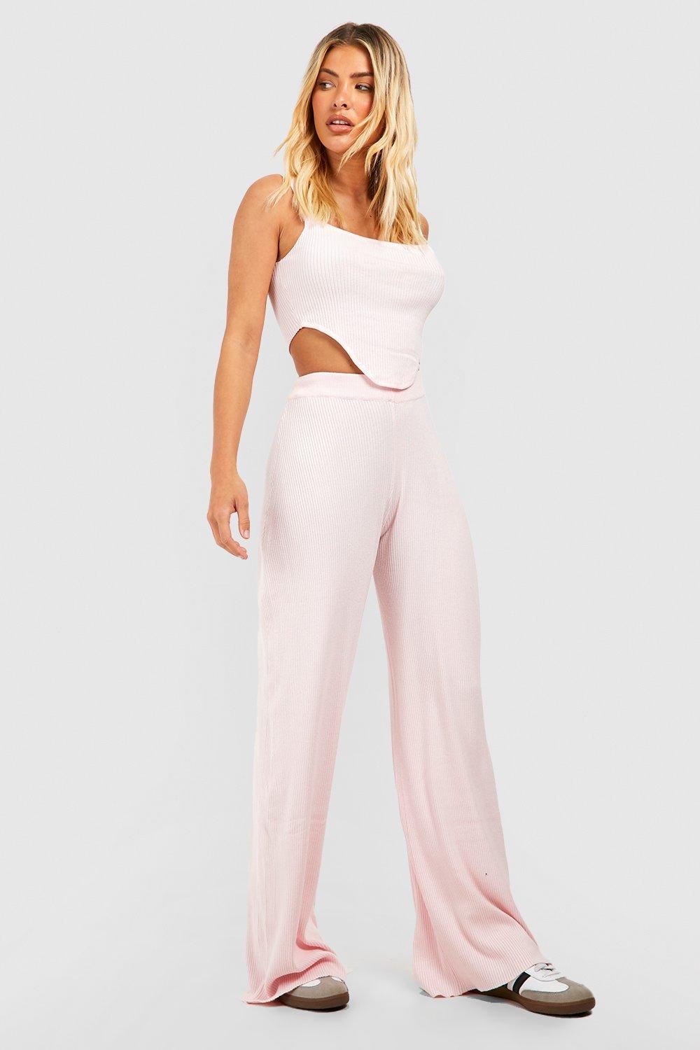 Rib Knit Curved Hem Corset Crop Top And Wide Leg Pants | boohoo